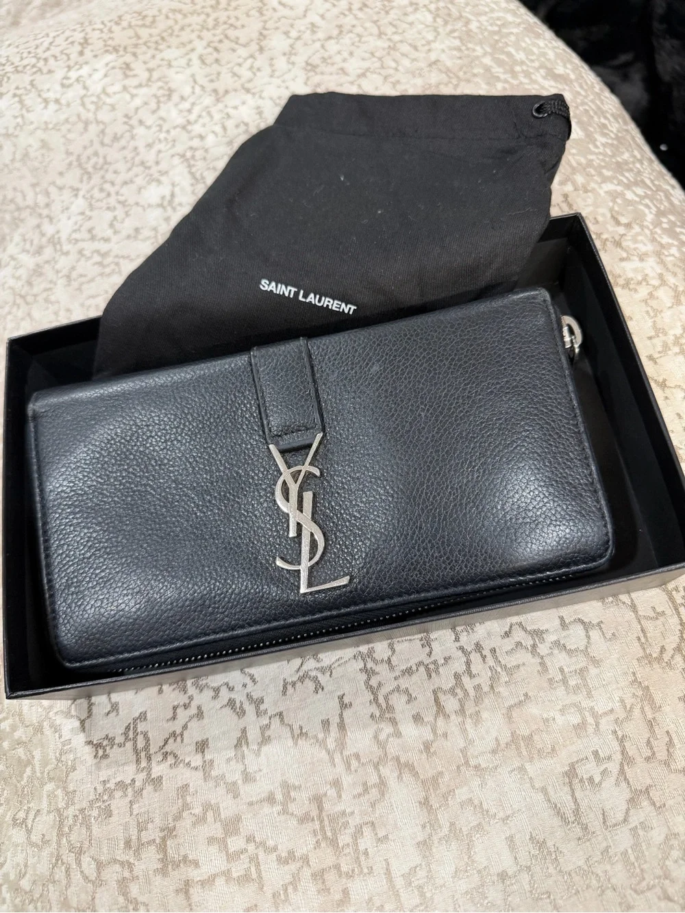 Saint Laurent Black Leather YSL Logo Continental Wallet